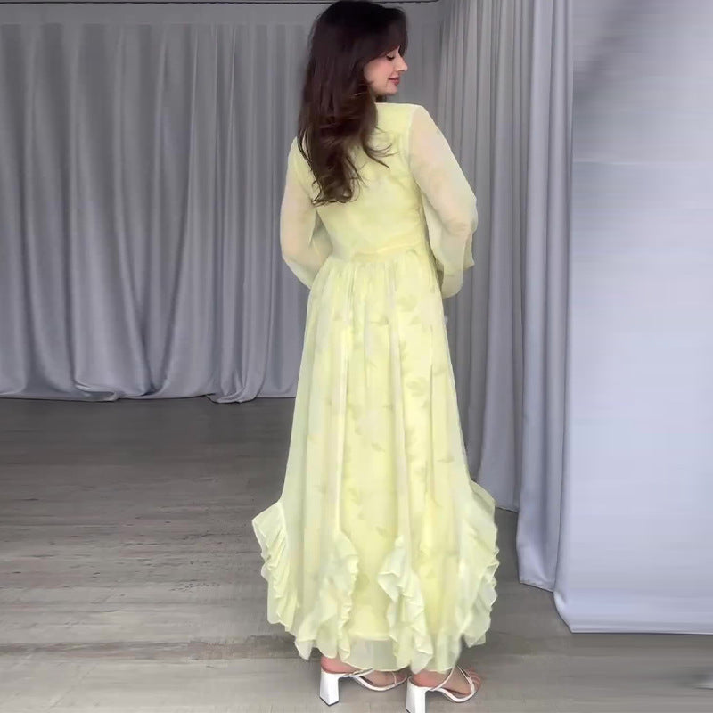 Mesh Patchwork Ruffled Long Sleeve Elegant Dress