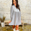 Black Stripe Floral Patchwork Tied V Neck Long Sleeve Mini Dress