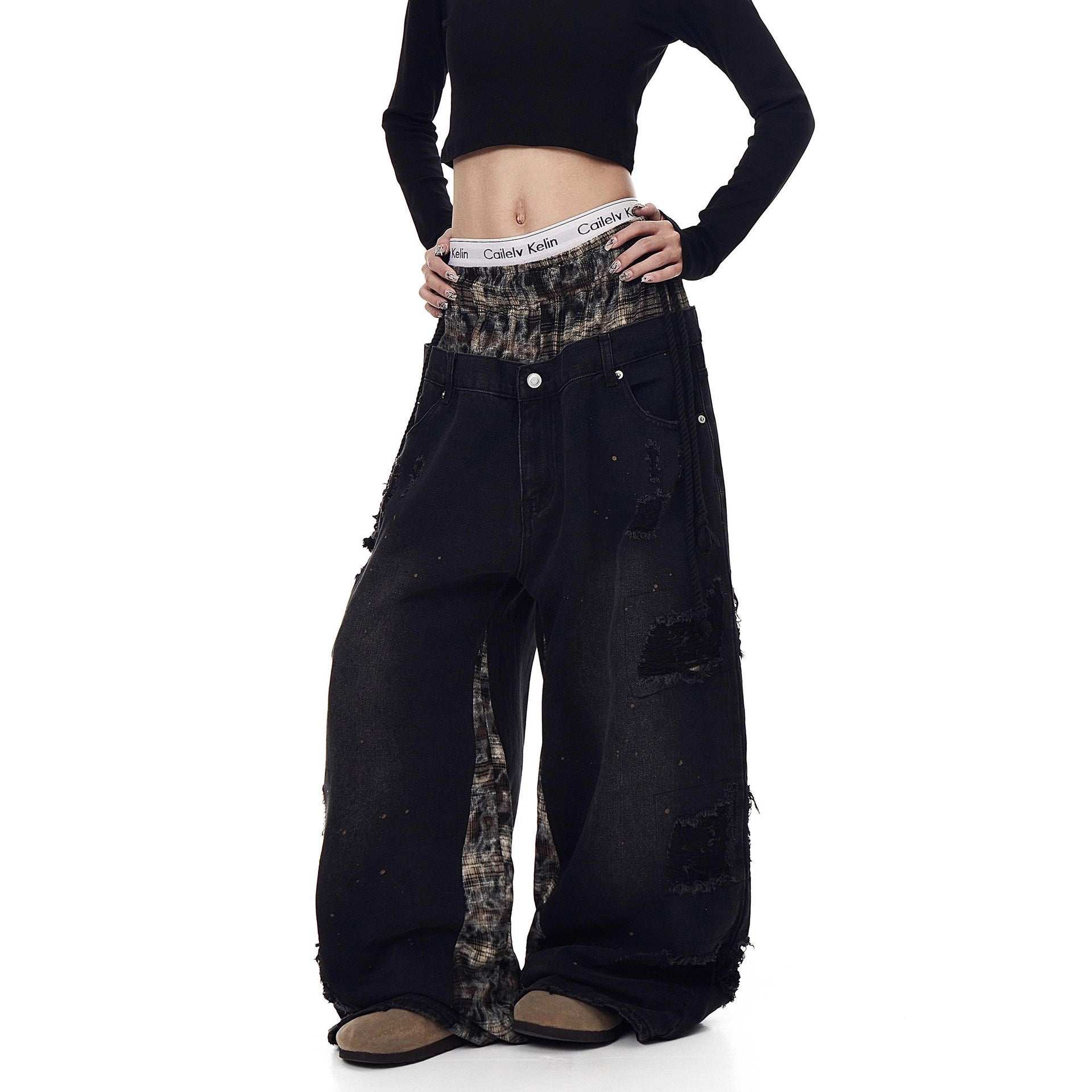Womens Retro Ripped Wide-Leg Denim Jeans