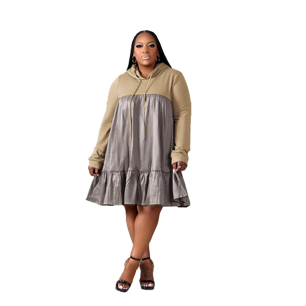 Patchwork Hooded Pullover Long Sleeve Dress