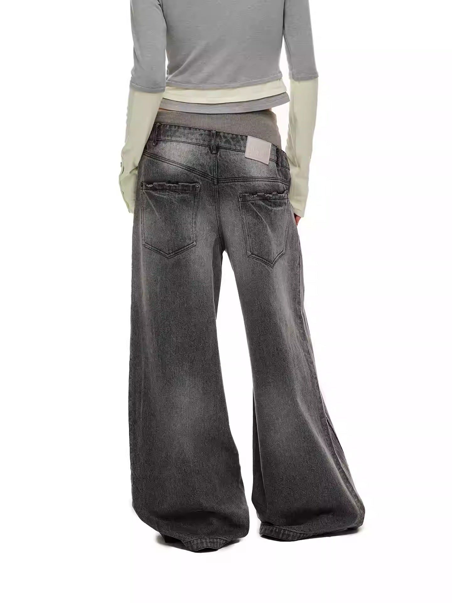Retro Double-Waistband Washed Straight-Leg Loose Wide-Leg Jeans