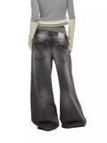 Retro Double-Waistband Washed Straight-Leg Loose Wide-Leg Jeans
