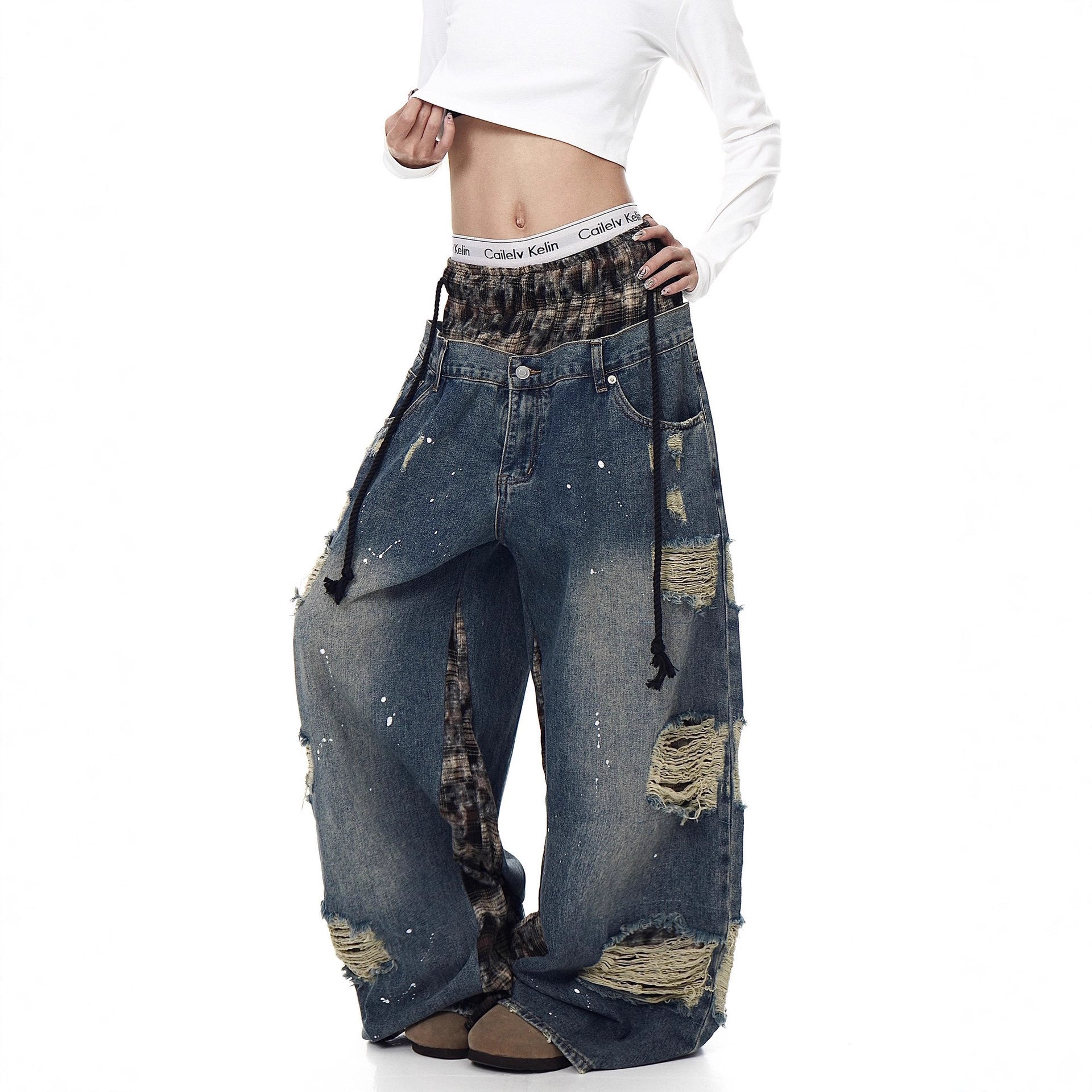 Womens Retro Ripped Wide-Leg Denim Jeans