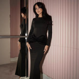Womens Elegant Long Sleeve Knot Details Patchwork Bodycon Dress