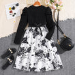 Long Sleeve Knitted Patchwork Retro Printed Princess Dress