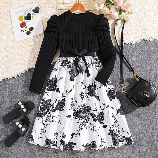 Long Sleeve Knitted Patchwork Retro Printed Princess Dress