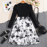 Long Sleeve Knitted Patchwork Retro Printed Princess Dress