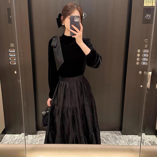 Black Velvet Slimming Patchwork Long Sleeve Temperament Dress