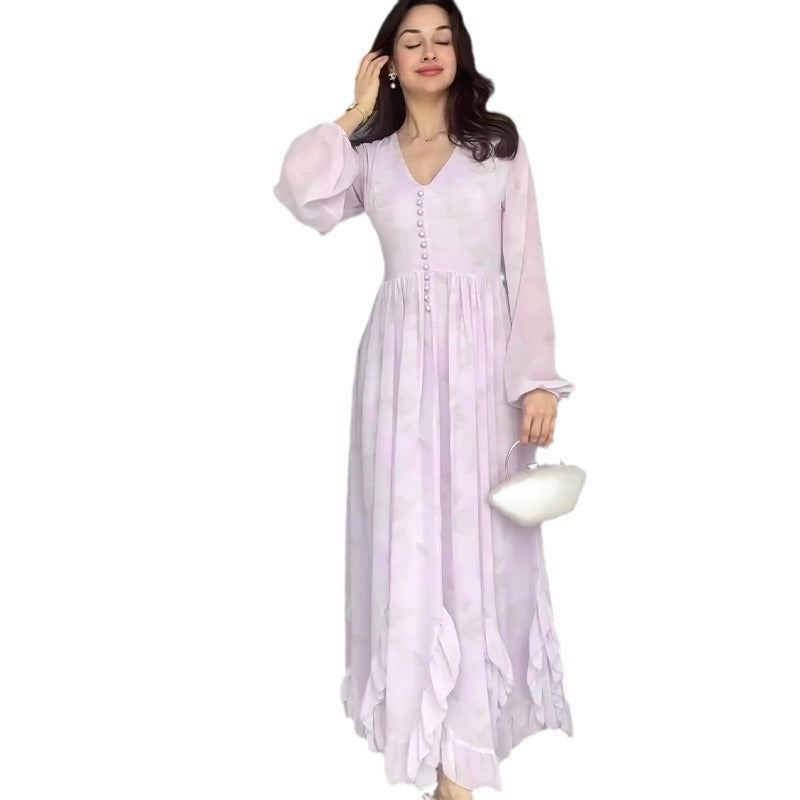 Mesh Patchwork Ruffled Long Sleeve Elegant Dress