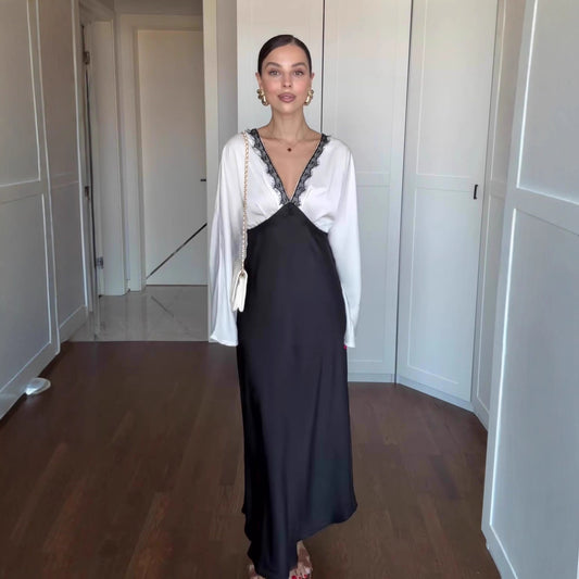 Elegant Lace Long-Sleeve Patchwork Maxi Dress