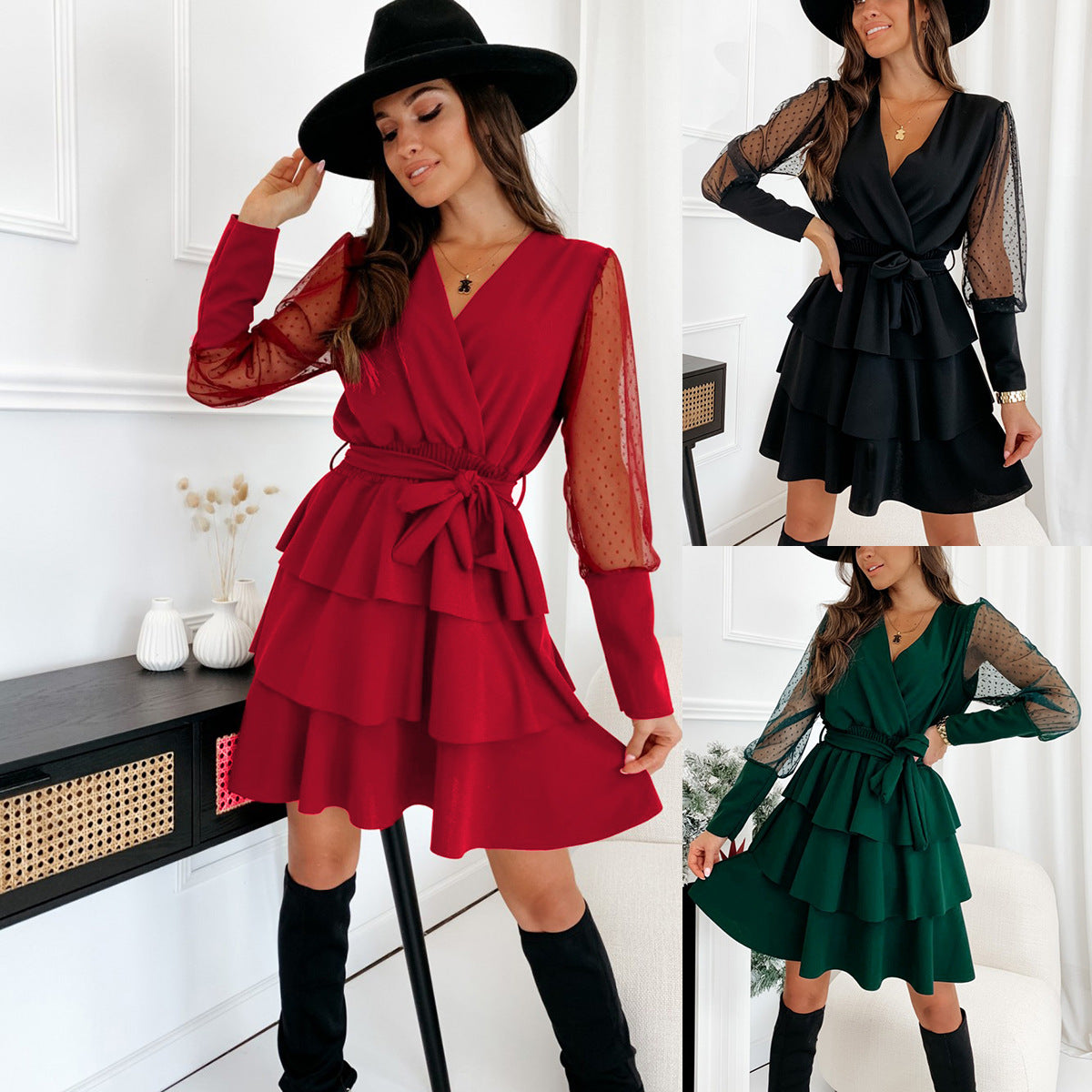 New Patchwork Mesh Sleeve Long Sleeve Dress Cake Dress
