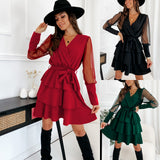 New Patchwork Mesh Sleeve Long Sleeve Dress Cake Dress