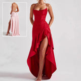 Women's Backless Ruffles Irregular Dress Summer Fashion Evening Party Club Split Suspender Maxi Dresses Clothing