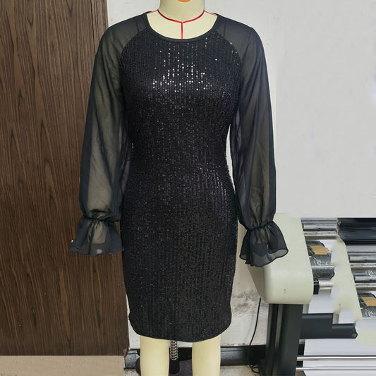 Long Sleeve Chiffon Patchwork Sequin Dress