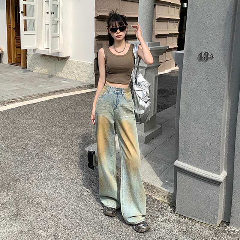 American Retro Mud Yellow Wide Leg Jeans