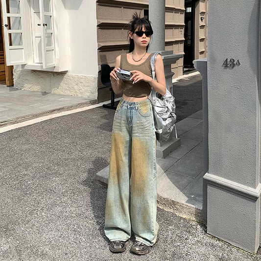 American Retro Mud Yellow Wide Leg Jeans