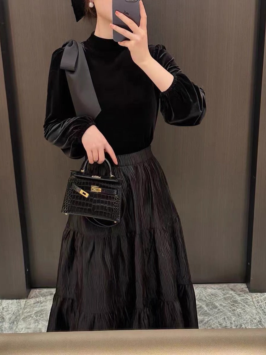 Black Velvet Slimming Patchwork Long Sleeve Temperament Dress