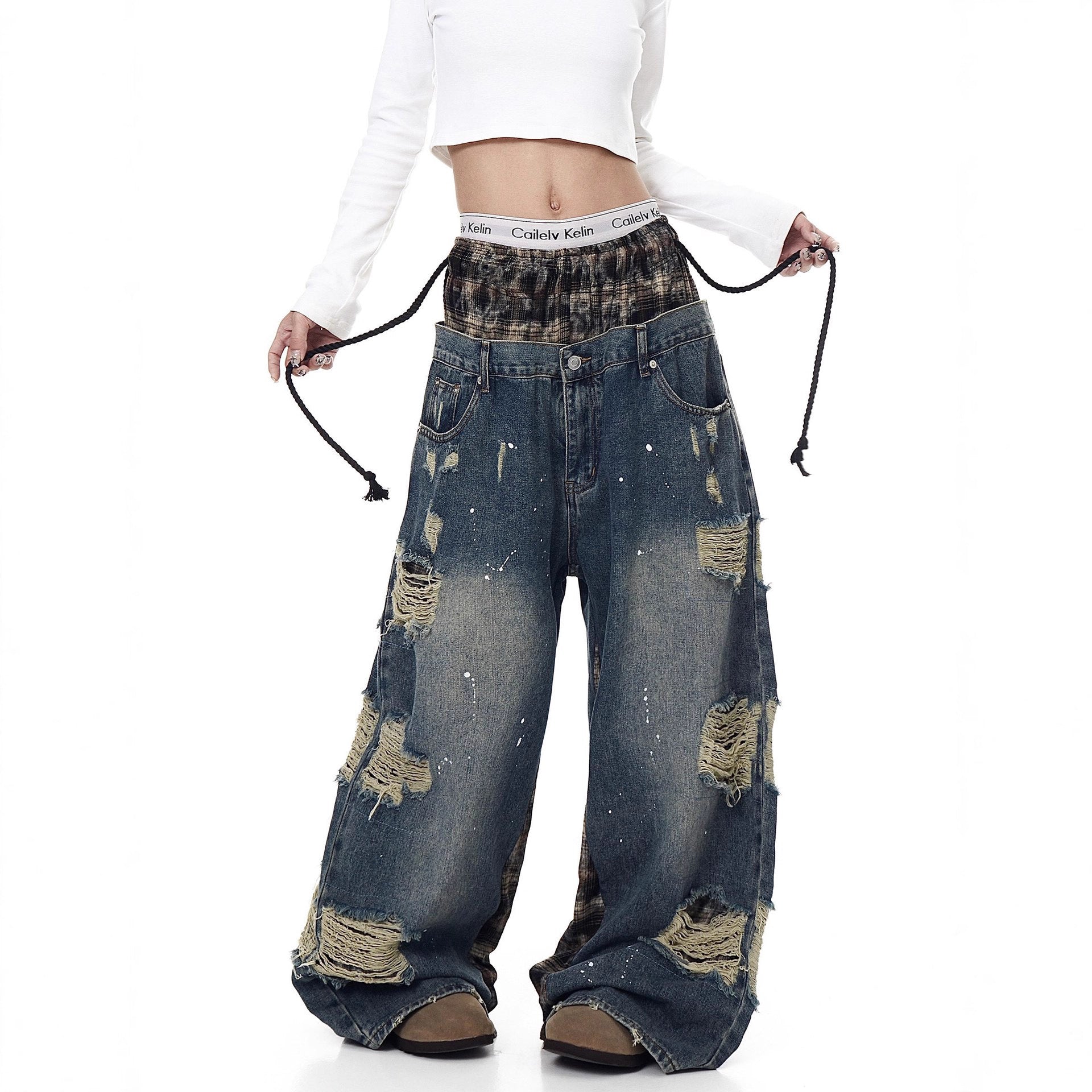 Womens Retro Ripped Wide-Leg Denim Jeans