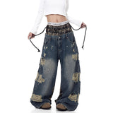Womens Retro Ripped Wide-Leg Denim Jeans