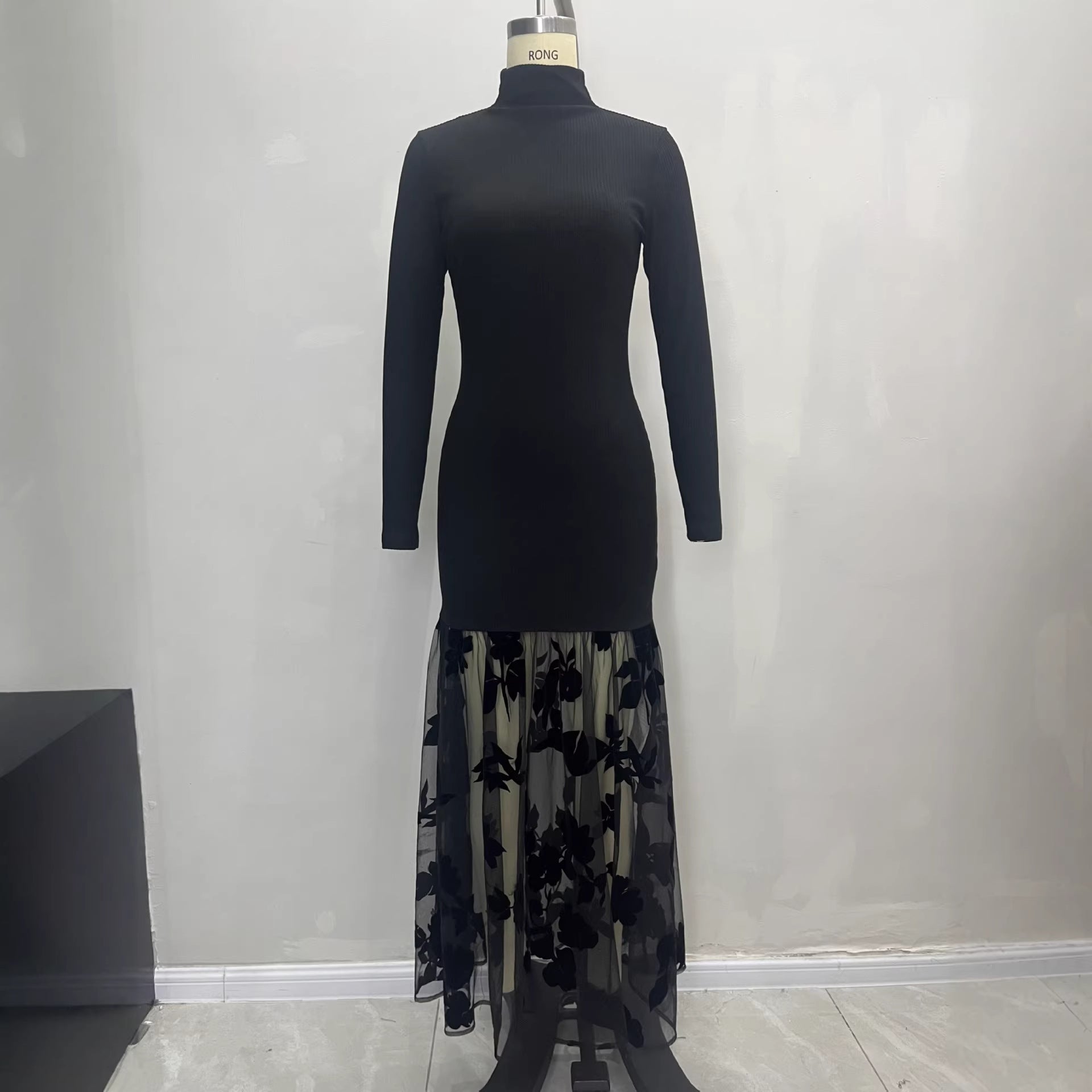 Black Mesh Floral Knit Turtleneck Long-Sleeve Patchwork Gauze Dress