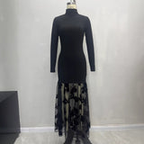 Black Mesh Floral Knit Turtleneck Long-Sleeve Patchwork Gauze Dress