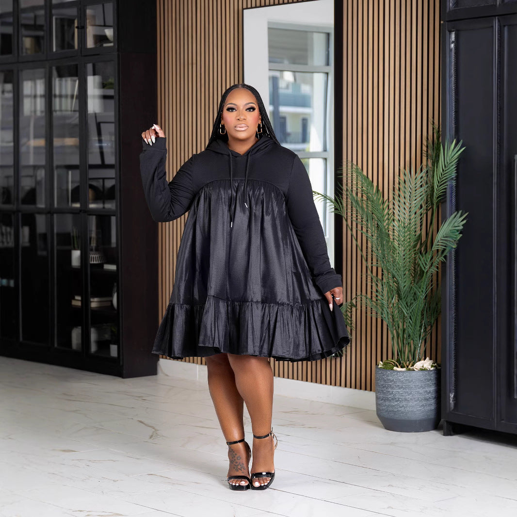 Patchwork Hooded Pullover Long Sleeve Dress