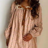 Khaki Floral Print Contrast Velvet Bow Lace Patchwork Long Sleeve Loose Mini Dress