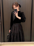Black Velvet Slimming Patchwork Long Sleeve Temperament Dress