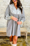 Black Stripe Floral Patchwork Tied V Neck Long Sleeve Mini Dress