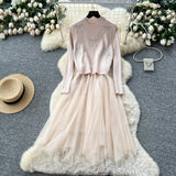 Cherry Vest Long-Sleeve Knitted Patchwork Mesh Dress