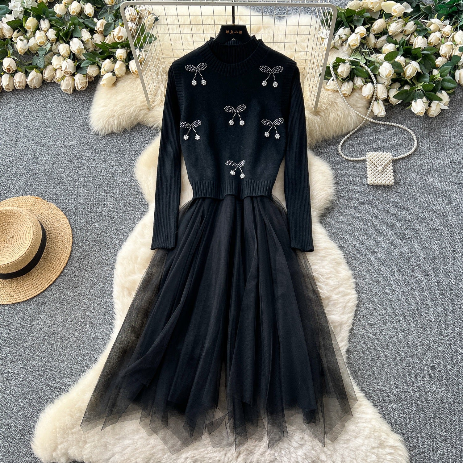 Cherry Vest Long-Sleeve Knitted Patchwork Mesh Dress