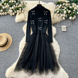 Cherry Vest Long-Sleeve Knitted Patchwork Mesh Dress