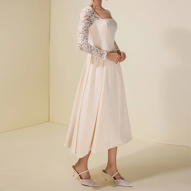 Womens Long-Sleeve Lace-Patchwork Elegant Dress