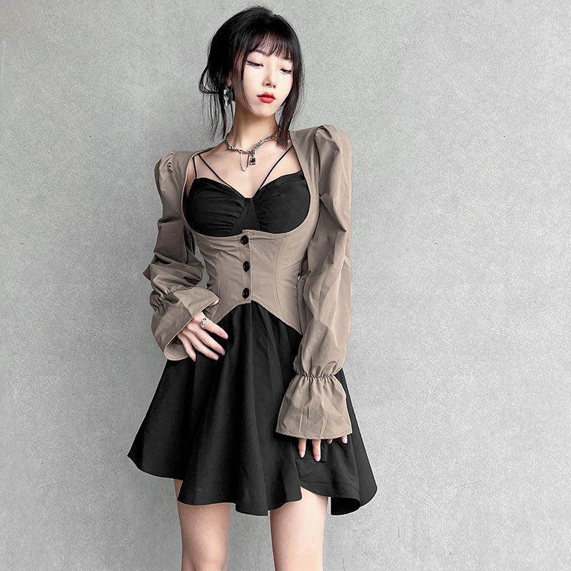 Women's Irregular French Retro Patchwork Long Sleeve Dress