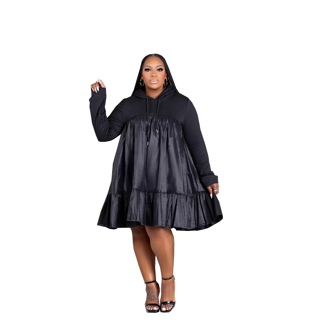 Patchwork Hooded Pullover Long Sleeve Dress
