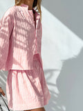 Cotton Striped Shirt O-Neck Lantern Sleeve Top Elastic Waist Shorts Female Sets
