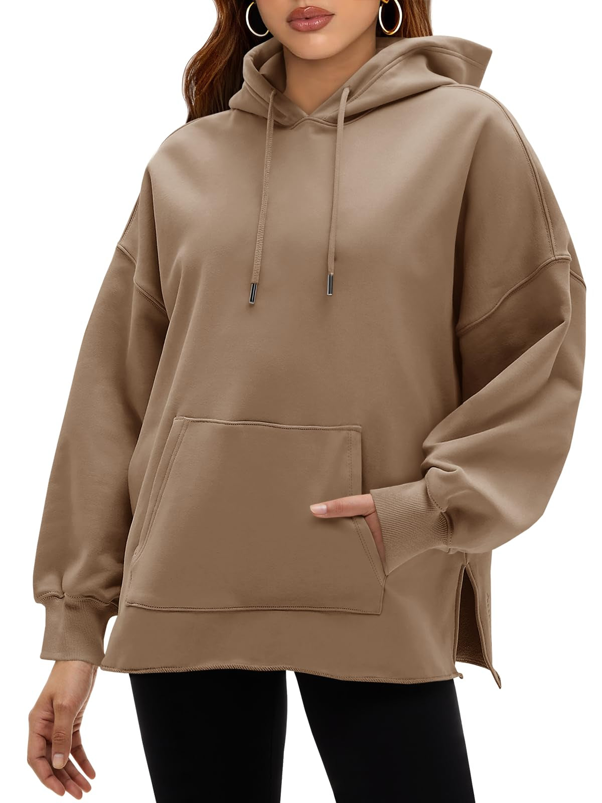 Fisoew Women's Hoodies Oversized Sweatshirts Casual Long Sleeve Side Slit Pullover Tops Fall Winter Outfits With Pocket