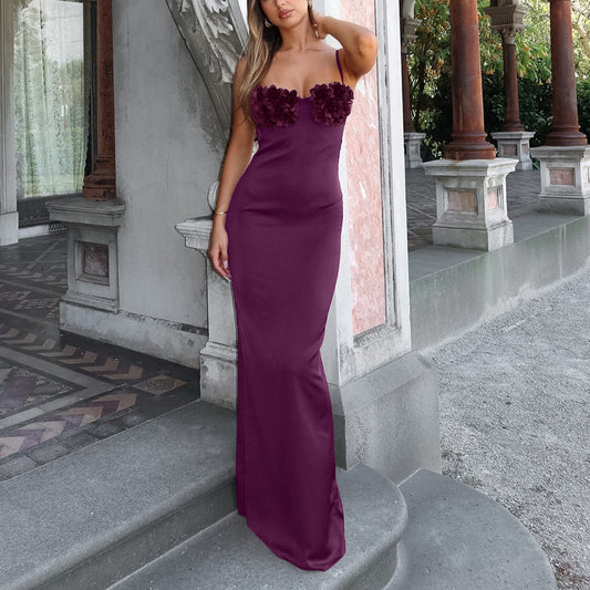 Purple Rose Sexy Chic Elegant Backless Satin Bodycon Slip Dress For Women