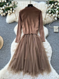 Cherry Vest Long-Sleeve Knitted Patchwork Mesh Dress