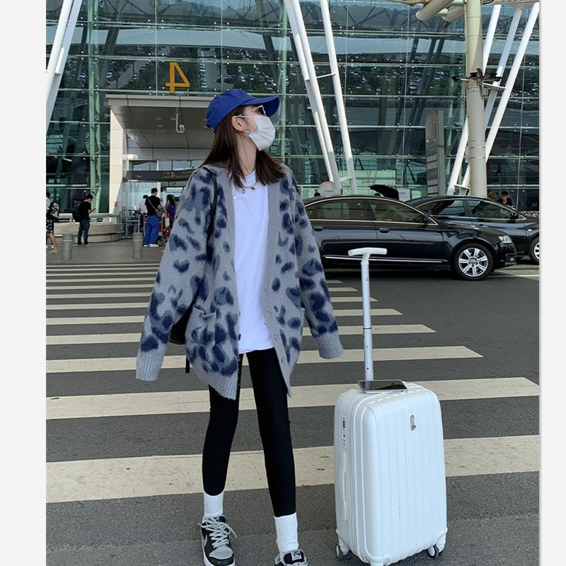 Languid Lazy Wind Sets Sweater Of Leopard Grain Female Autumn And Winter