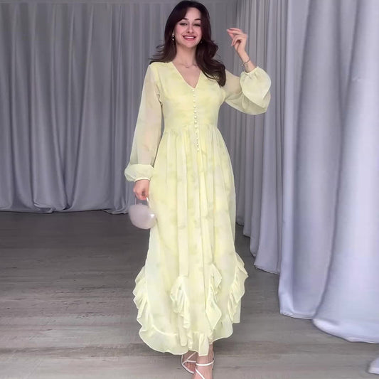 Mesh Patchwork Ruffled Long Sleeve Elegant Dress