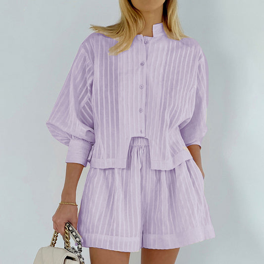 Cotton Striped Shirt O-Neck Lantern Sleeve Top Elastic Waist Shorts Female Sets