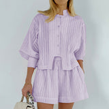 Cotton Striped Shirt O-Neck Lantern Sleeve Top Elastic Waist Shorts Female Sets