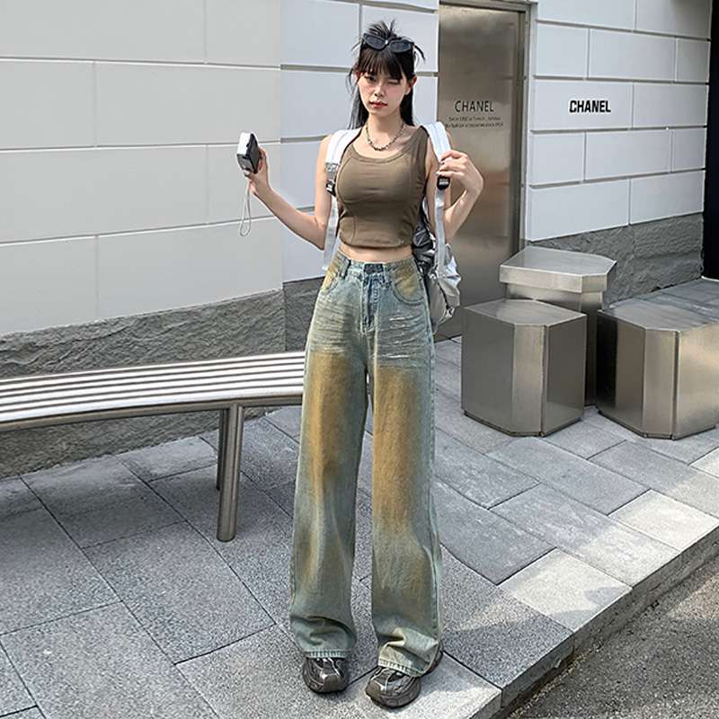 American Retro Mud Yellow Wide Leg Jeans