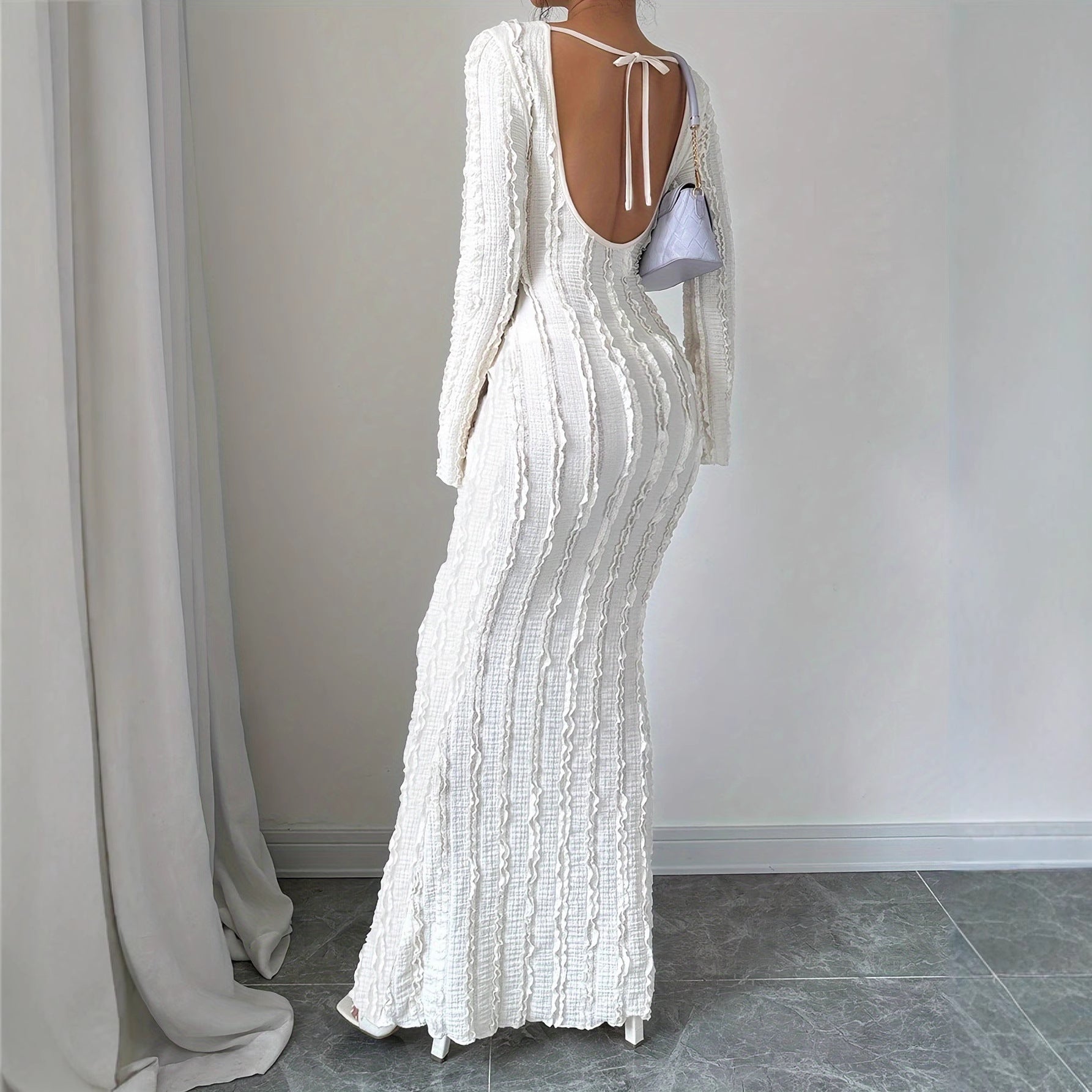 Fashionable Round-Neck Lace-Patchwork Long-Sleeve Dress