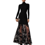 Black Mesh Floral Knit Turtleneck Long-Sleeve Patchwork Gauze Dress