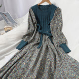 Women's Long Sleeve Retro Patchwork Floral Knitted Dress