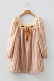 Khaki Floral Print Contrast Velvet Bow Lace Patchwork Long Sleeve Loose Mini Dress