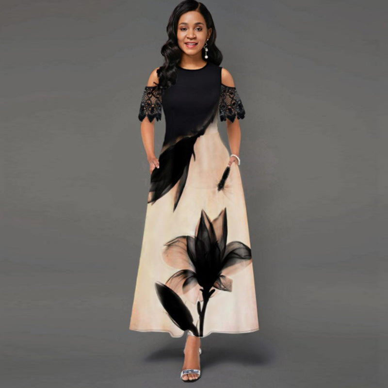 Women's Printed Lace Sleeve Long Patchwork Dress